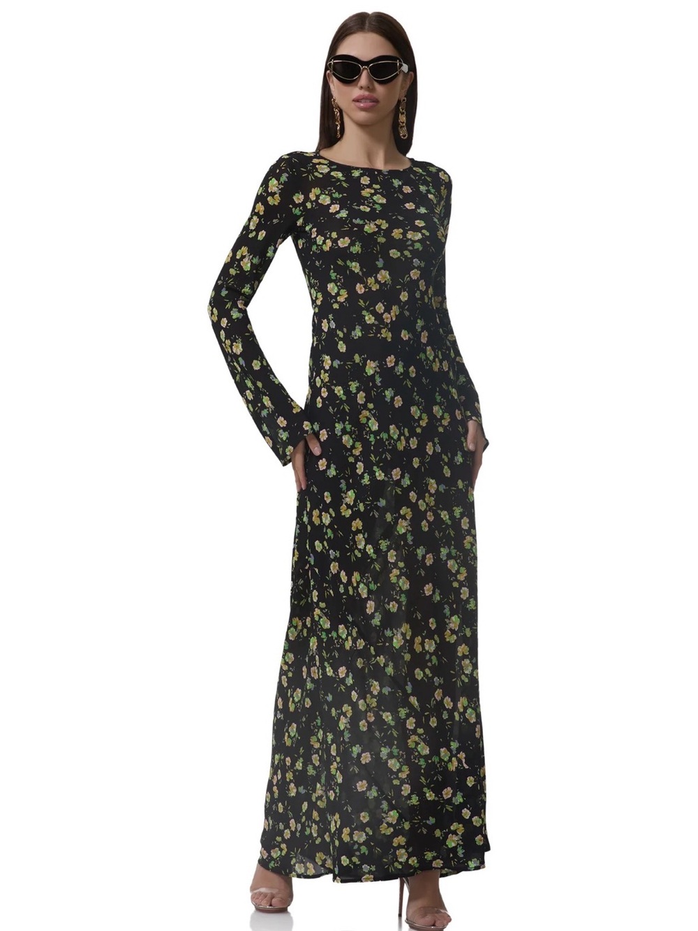 AFRM Jetta Black Maxi Dress with Green & Yellow Citrusy Floral Print Chic